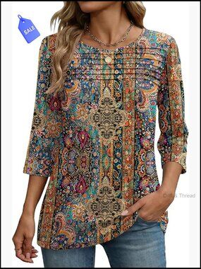 3/4 Sleeve Pleated Blouse Tunic Top Floral Print Casual Dressy Shirt